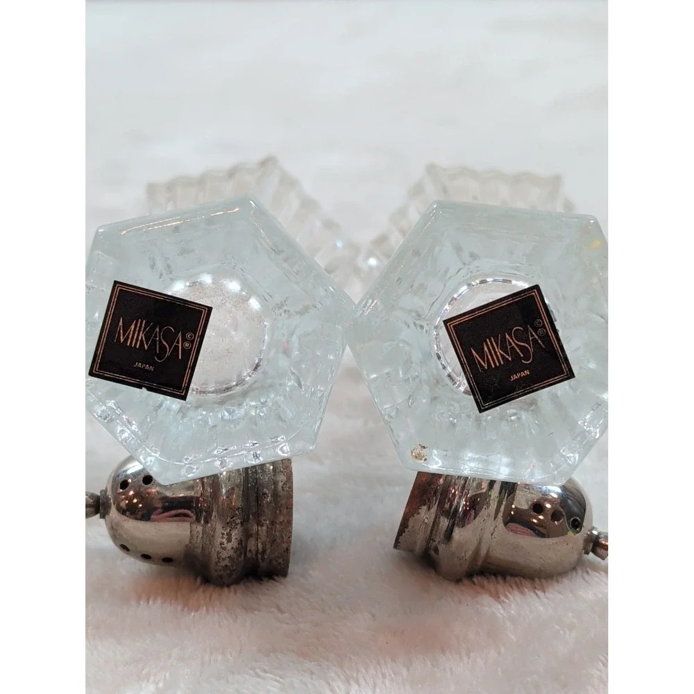 Vintage Mikasa Crystal Salt and Pepper Shakers Set Hexagon‎ Base Made in Japan
